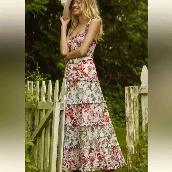 Anthropologie square Neck sleeveless ruffle tiered midi dress size Med - Picture 1 of 7